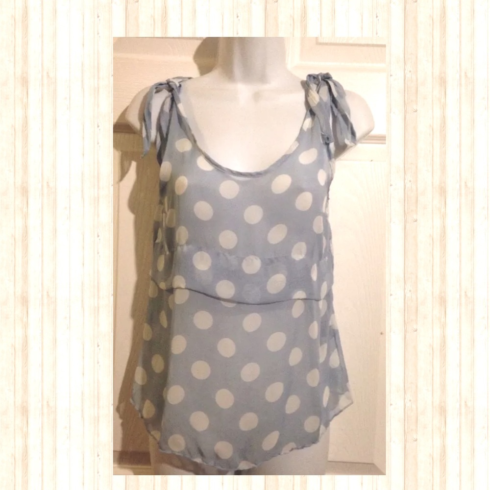 Light Blue, White Polka Dot Chiffon Top XS
